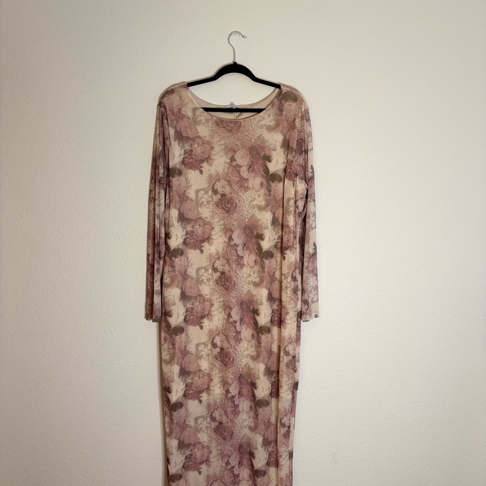 Pink and Cream Midi Sheath Dress with Long Dolman Sleeves
